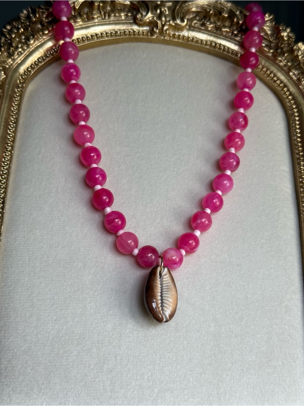 Pink Beaded Necklace with Cowrie Shell Pendant
